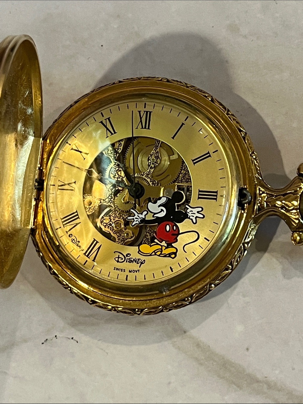 MICKEY MOUSE POCKET WATCH DISNEY MAJESTI SWISS MOVEMENT SKELETON GOLD-TONE NIB - Picture 3 of 17